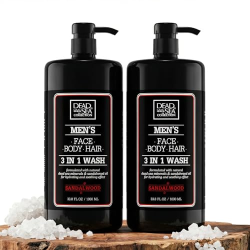 Dead Sea Collection Mens Body Wash 3 in 1 – Sandalwood Body Wash for Men – Shower Gel – Shampoo – Shower Soap for Face and Hair – Pack of 2 Bottles (33.8 Fl. Oz. Each)