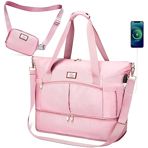 Bolsa de viaje para el gimnasio para mujer, bolsa de viaje para gimnasio, bolsa de viaje deportiva con puerto de carga USB, bolsas de fin de semana para mujer, Pink, Bolsa de viaje