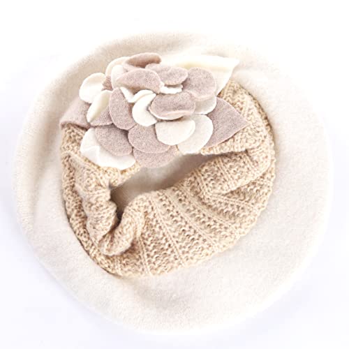 VECRY Lady French Beret 100% Wool Beret Floral Dress Beanie Winter Hat (Floral-Ivory) - Thumbnail 3