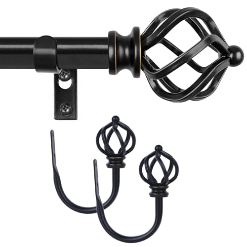 KAMANINA Bundle of 32-86" Curtain Rod and Matched Holdbacks 1 Pair, Twisted Cage Finials, Black