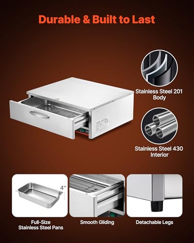 Image of VEVOR Commercial Electric Drawer Warmer, Single-Drawer Stainless Steel Food Warmer, Freestanding Compact Warming Drawer Cabinet, 85F-185F Wide Temperature Range, for Restaurant, Hotel & Bakery