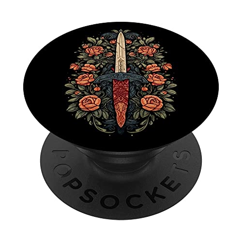 Athame Surrounded By Roses For Followers Of Wicca PopSockets Swappable PopGrip, Black
