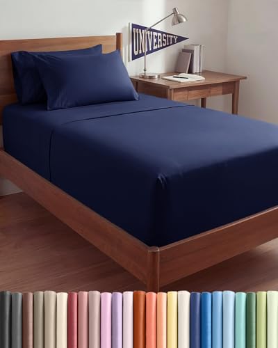 Image of Extra Deep Twin XL Sheet Set - 4 Piece Breathable & Cooling - Navy Blue | Hotel Luxury Bed Sheets Set, Easy & Secure Fit, Ultra-Soft, Wrinkle & Fade Free, Comfy Sheets Set with Extra Deep Pockets