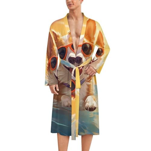 Cute Corgi Swimming in Water Mens Bath Robe Lightweight Soft Bathrobe Knee Length Spa Sleepwear