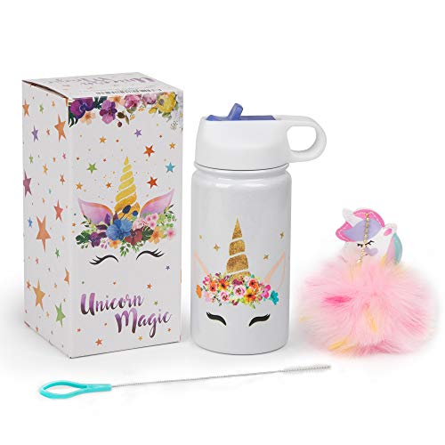 Insulated Double Wall Thermos Unicorn Kids Water Bottle Leak Proof No Sweat 12 oz Surprise Poof Toy Gift Box Straw Pipe Cleaner Brush