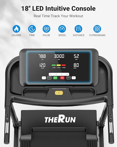 THERUN Treadmill with Incline for Home, Incline Treadmills with Handrail 300 lbs Capacity, 3.0 HP Quiet Foldable Treadmill with 15 Programs, LED Display