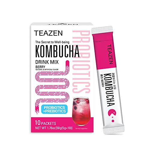 TEAZEN Kombucha Berry Flavor, Sparkling Fermented Drink from Korea, Powdered Drink Mix, Prebiotics Tea, Gut Health and Immunity Support, 10 Sticks, 1.76oz