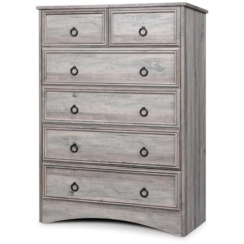 VVFLU 6 Drawers Dresser Tall,Grey Dresser for Bedroom, 44'' Tall Wood Chest of Drawers, Large Storage Dresser Organizer for Clothes, Grey Vintage, for Living Room, Bedroom, Hallway Cover
