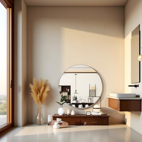 Image of Round Wall Mirror with Durable Wooden Frame - 30 inch (White) | Modern Decorative Wall Hanging Mirror for Bathroom, Bedroom, Basin, Dressing Table, Entryway & Home Interior Decor
