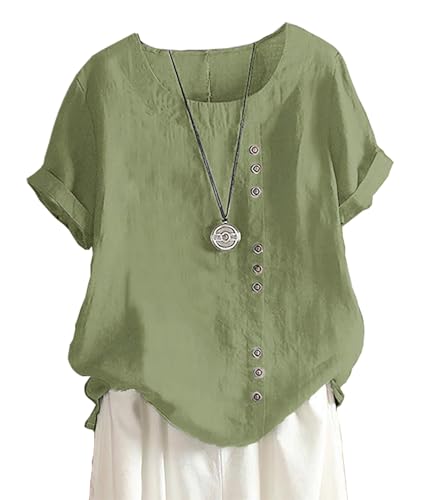 Women Cotton Linen Crew Neck Short Sleeve Tunic, Tee Shirts Tops Loose Fit, Linen Blouse for Women (Green, Large)