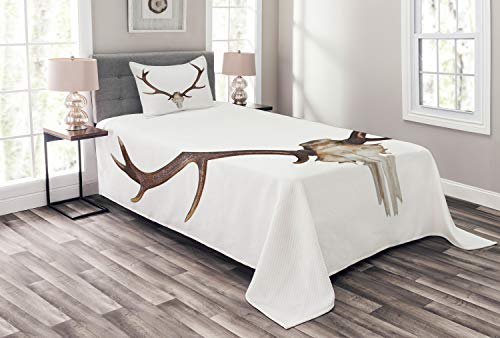 ABAKUHAUS Hirsch Tagesdecke Set, Antlers Skeleton Hunter, Set mit Kissenbezügen Waschbar, für Einzelbetten 170 x 220 cm, Beige Braun