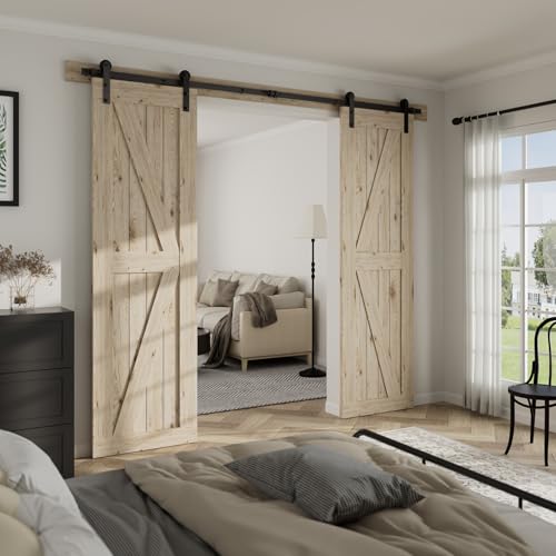 Image of CCJH 9FT Sliding Barn Door Hardware Kit, Heavy Duty, Smoothly and Silently, Easy to Install, Fit 27 inch Width Double Door Panel, I Shaped Hangers Black