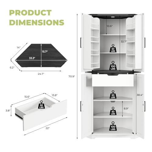 Image of Dripex 71 inch Corner Cabinet White, Farmhouse Kitchen Pantry Cabinet with Doors Storage & Adjustable Shelves, Tall Corner Storage Cabinet with LED Light, Food Pantry for Living Room, Dining Room