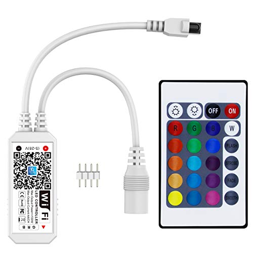 Smart WiFi RGB/GRB LED Controller, Compatible with Alexa/Google Assistant, for 5050/3528 LED Strip Light, Have 24 Key Remote Control,Support Android iOS System