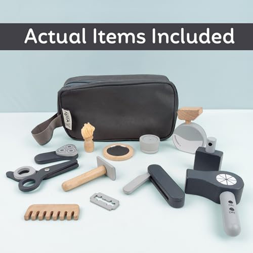 Image of Wudly Wooden Barber Shaving Kit Toy for Kids | Pretend Play Salon & Grooming Set with Scissors, Razor, Comb, Hair Dryer & Bag | Montessori Role Play Educational Toy for Boys & Girls (3+ Years)
