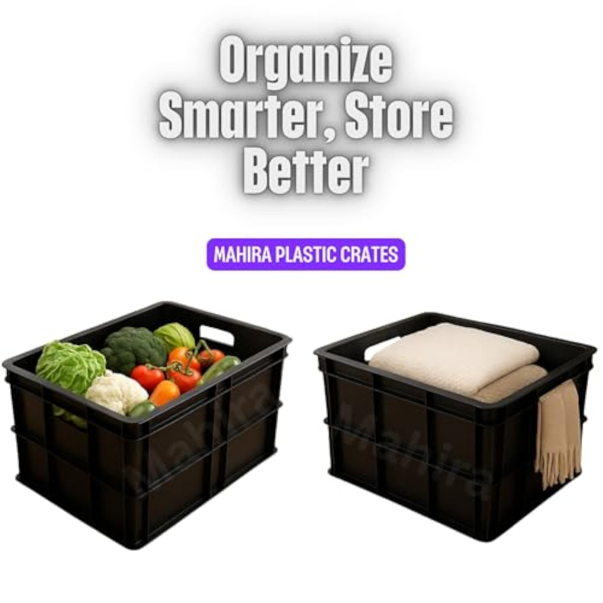 Multipurpose Heavy Duty Big Black Portable Plastic Crate, Pack of 3