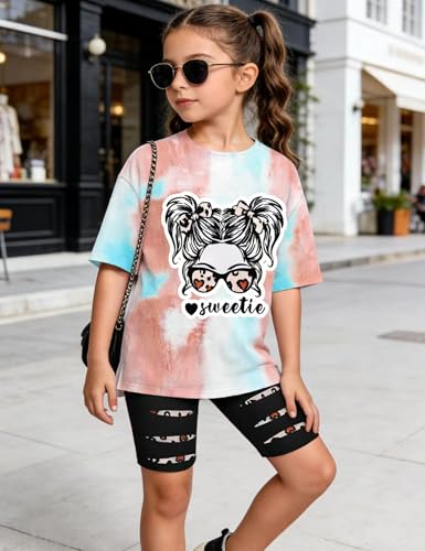 Image of Girls Clothes Short Sleeve Tie Dye Top Shorts and Pants 2PCS Girls Summer Outfits Size 6-16