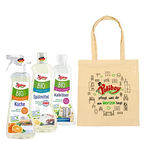Poliboy Bio Küchen Set - Bio Kalklöser (500 ml), Bio Küchen Reiniger (500 ml) und Bio Spülmittel (500 ml) + Baumwolltasche - Vegan - Made in Germany