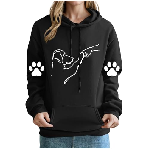 KOG Hoodie für Damen Baumwolle Sweatshirt mit Kapuze Hunde-Drucken Hoodies 2025 Hooded Sweatshirt Frau Oberteile Casual Pullover Mode Frauen Elegante Locker Oberteil Bekleidung Schwarz L