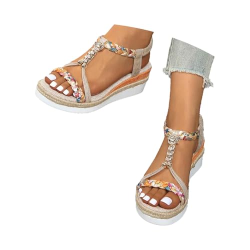 Sandales tressées élastiques avec strass et semelle compensée