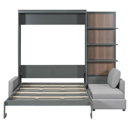 Ball & Cast Murphy Bed Queen Size Wall Chest with Sofa and Shelves,Wood Hideaway Cabinet Platform Bedframe w/Slat Support,can be Folded,Space-Saving,for Small Room,Dorms,Gray