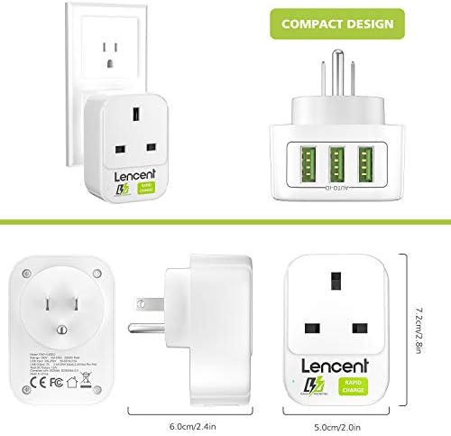 UK to US Plug Adapter with 3 USB Ports, LENCENT Grounded America Travel Adapter for USA Mexico Canada Thailand and More (Type B)