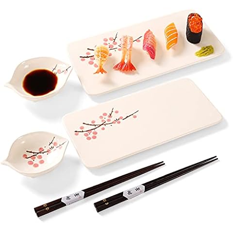 Japanese sushi plate set , 10-inch rectangle ceramic sushi dishes, sushi set with 2 japanese dishes and 2 dipping dishes and 2 pairs of chopsticks, sushi serving set for 2 Cover