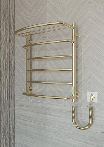 Elna - Radiador de toallero de acero inoxidable dorado 105 W, 605 x 530 mm, con toallero eléctrico, para el hogar y la familia, acero inoxidable, termostato, temporizador y ecológico, IP44, montado en