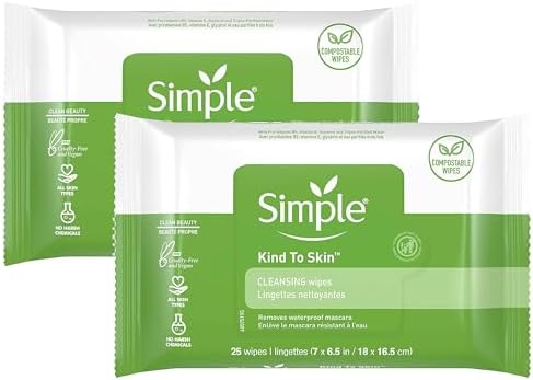 Simple Kind To Skin Cleansing Makeup Remover Wipes - Vegan Facial Cleanser Wipes with Vitamin B5 and E - Removes Waterproof Makeup - 2 pc