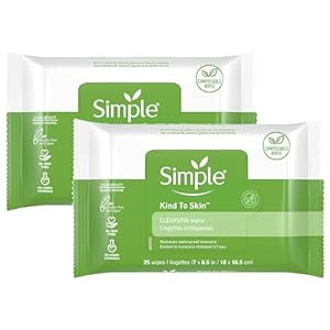 Simple Kind to Skin Facial Wipes Gentle and Effective Makeup Remover Cleansing Free from color and dye artificial perfume and harsh chemicals, 25 Count (Pack of 2)