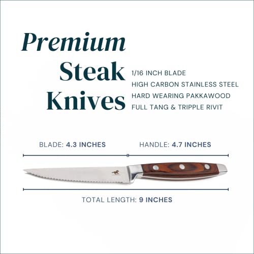 The Dinner Pony Serrated Steak Knives Set Of 6 - Wooden Handle, Full Tang And Triple Riveted Design In Gift Box - Pakka Wood And High Carbon Stainless Steel #TOP6