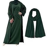 Women's Muslim Abaya Dress Three Pieces Set Islamic Prayer Robe Open Front Flowy Maxi Cardigan Dress Dark Green