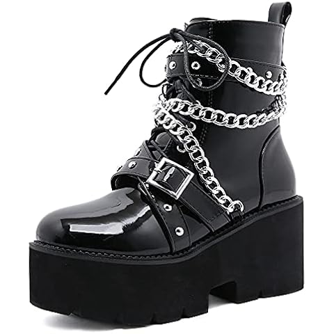 Ciuyurra Women Chunky Shoes Block High Heels Plaftorm Gothic Booties Punk Low Boots Cosplay Boots with Buckle Metal Chain Patent Black Size 38 Cover