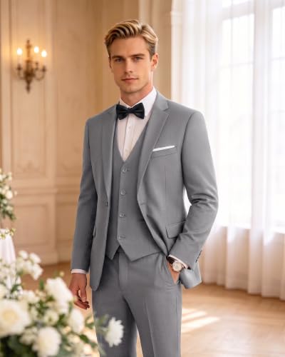 Image of LUPURTY Men's 3 Piece Suit, One Button Slim Fit Tuxedo | Includes Bow Tie, Jacket Vest & Pants, Single Breasted, Wrinkle Resistant, Ideal for Wedding Prom & Business Formal Events