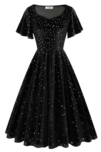 AXOE Damen Retro Samtkleid mit Pailletten A-Linien Abendkleid für Hochzeitsgast, Cocktailparty, Bühnenauftritt Flatterärmel Schwarz, Gr.38, M