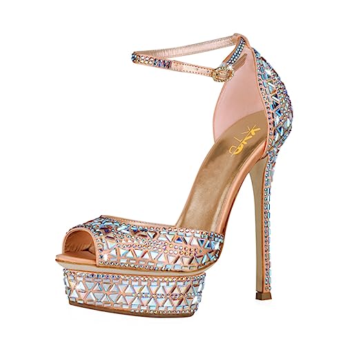 XYD Women Sparkling Bejeweled Platform Evening Heels Peep Toe Stiletto Sandals Ankle Strap Crystal Party Pumps Shoes