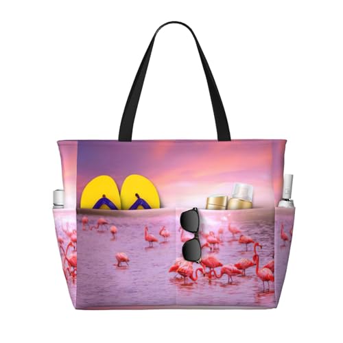 Sac fourre-tout imprimé flamants roses noir grande capacité pour femme