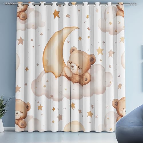 Tyafsgvqo Ours Endormi de Dessin Animé Rideau Occultant, Rideau Ourson Poupée Étoilé Lune Nuage Thermique Isolant, 140x240 cm Lot de 2 Rideaux à Oeillets,...