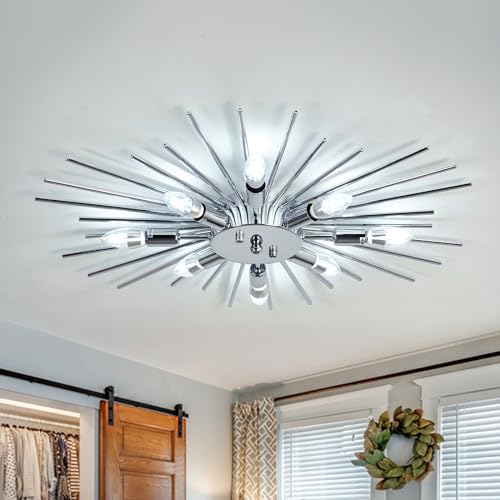 Image of ZGLAOJT Semi Flush Mount 8 Light Ceiling Light Modern Metal Ceiling Lighting Chrome Light Fixture Chandelier for Farmhouse Kitchen Dining Room Bedroom Hallway Living Room