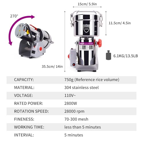750g Grain Mill, 304 Stainless Steel Spice Grinder, 2800W High-speed Commercial Flour Mill, Superfine Flour Mill Grinder for Home, Grain Mill for Flour