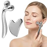 Outil de Massage Visage 3D Roller et Gua Sha en Acier Inoxydable - Kit de Massage pour Détendre et Rajeunir la Peau, pour le Visage, les Yeux, le Cou, le Corps