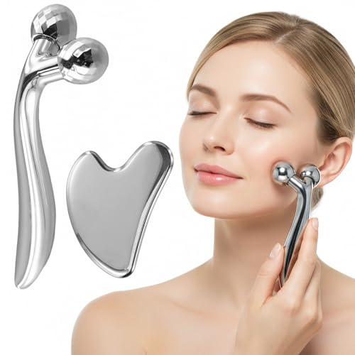 Set Massaggiatore Viso e Gua Sha – Rullo Facciale Rotante 360°, Massaggiatore Viso 3D, Gua Sha Attrezzi in Acciaio Inossidabile per Rilassamento Muscolare e Antirughe