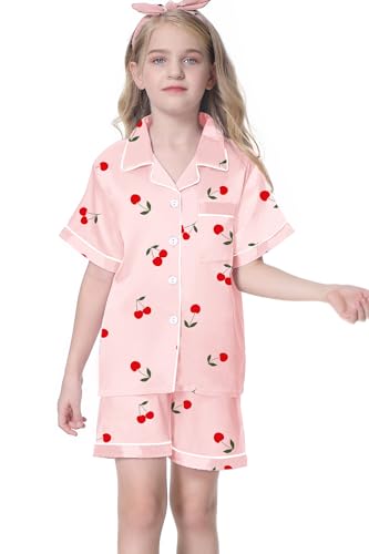 Image of Umeyda Women & Girls Pajamas Set, Soft Satin Lightweight Silk Button-Down Top with Shorts 2 Piece PJS for Mom Boys Kids Gifts