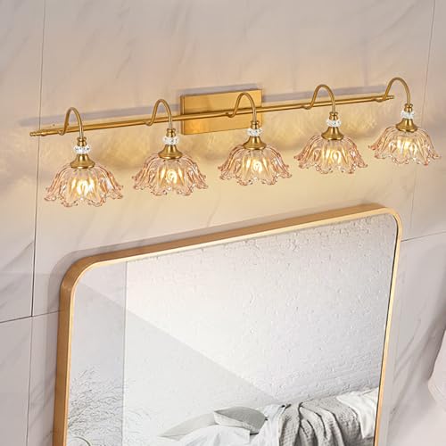 Image of Vintage Bathroom Vanity Light, 5-Light Matte Brass Finish Vanity Light with Floral Amber Glass Shades, Retro Wall Mount Lighting for Bathroom, Living Room