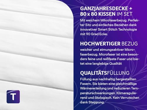 Traumnacht Green Bettenset - Ganzjahresbettdecke 135x200 cm + Kopfkissen 80x80 cm, nachhaltiges mit Bezug aus Microfaser, produziert nach deutschem Qualitätsstandard