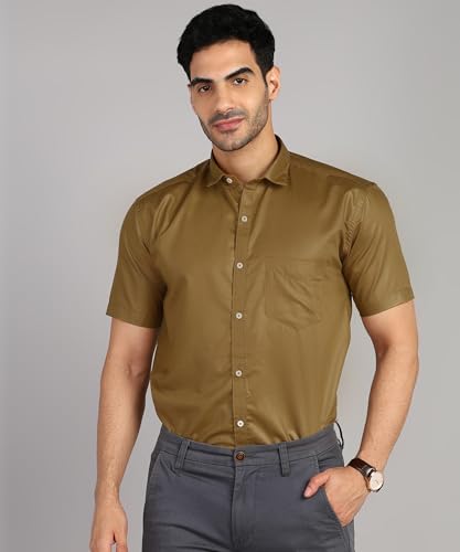 Image of MILDIN Men's Cotton Blend Solid Shirt with Spread Collared Half Sleeve Curved Hemline Button Closure Regular Fit and One Pocket | Half Sleeve Shirt for Men