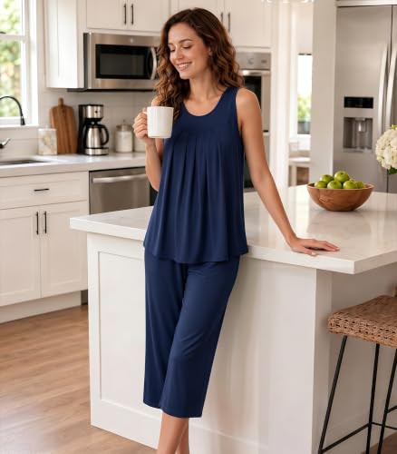 Image of NACHILA Pajamas for Women-Viscose Made from Bamboo, Sleeveless Pjs Tank Top Capri Pants Pajama Sets Cooling Sleepwear