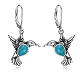 Hummingbird Earrings 925 Sterling Silver Hummingbird Bird Dangle Drop Earrings with Blue Natural Tur