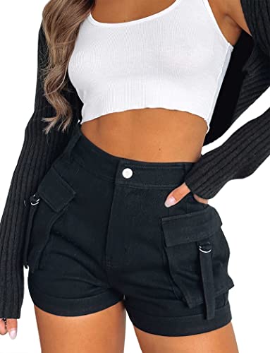 Women's Camo Pants Cargo Trousers Cool Camouflage Pants Elastic Waist Casual Multi Outdoor Jogger Pants With Pocket Black Cargo-Shorts-S #TOP2