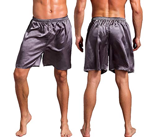 Men's Silky Satin Boxers Shorts Silk Pajama Bottom Shorts Satin Sleep Lounge Underwear Silk Boxers (3P-(Blue+Black+Grey), Medium) #TOP3
